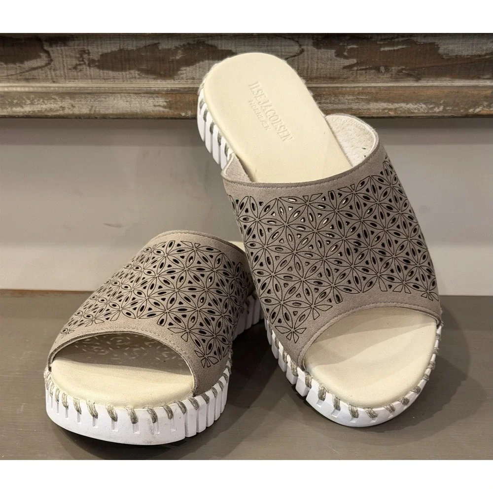 ILSE JACOBSEN Tulip Sandals Women's Size 37 Gray Laser Cut Scalloped Slides